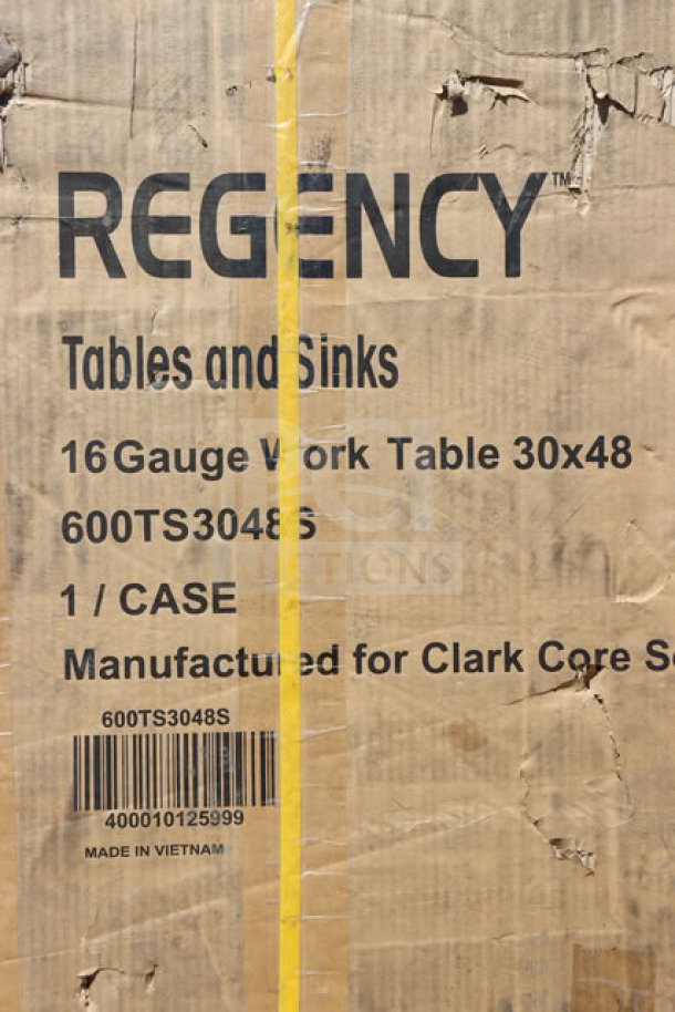 Regency 600TS3048S 30"x48" stainless steel work table packaging, 16-gauge, with undershelf. Original packaging damaged.