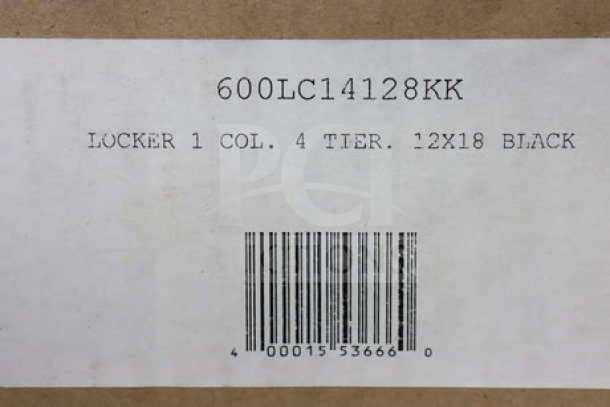 Barcode label for Regency model 600LC14128KK locker; 12"x18"x78", black, single 4-tier design; scratch-n-dent condition.