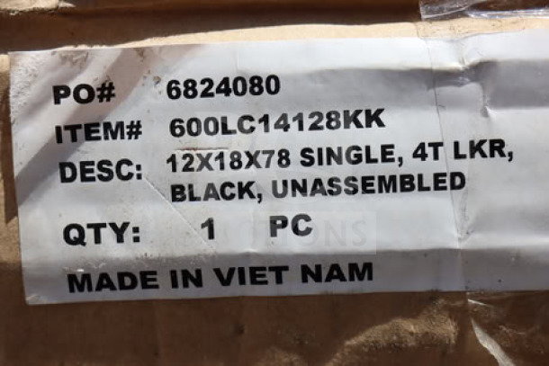 Regency 600LC14128KK locker label, 12"x18"x78", black, single 4-tier, unassembled, scratch-n-dent, made in Vietnam.