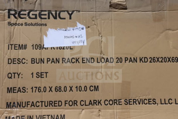 Regency 109APR1820L 20 Pan End Load Bun Rack in original packaging; visible label shows specs and Made in Vietnam.