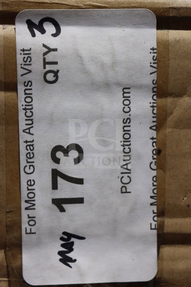 Damaged packaging with label showing "QTY 3, 173, PCIAuctions.com" for Regency 600PR20316K 20 Pan Rack.