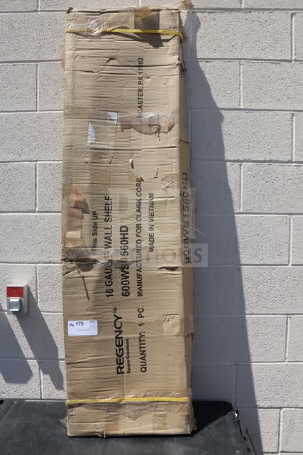 Regency 16 Gauge Stainless Steel 15" x 60" Wall Shelf, Model 600WS1560HD, in damaged original packaging.