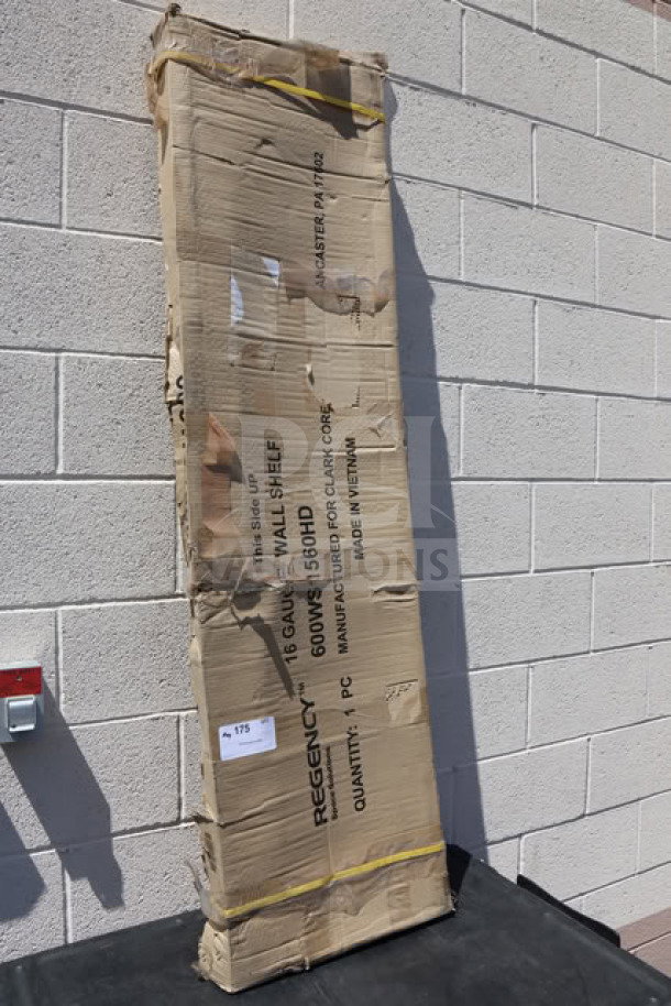Regency 16 Gauge Stainless Steel 15" x 60" Wall Shelf, new, model 600WS1560HD, in damaged original packaging.