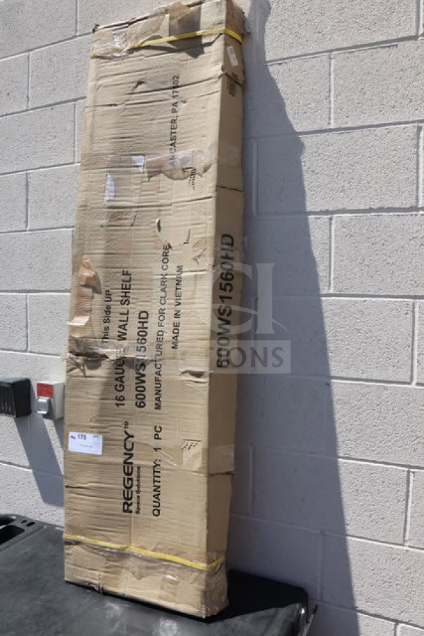 Brand new Regency 16 Gauge Stainless Steel 15"x60" wall shelf, model 600WS1560HD. Packaging damaged.