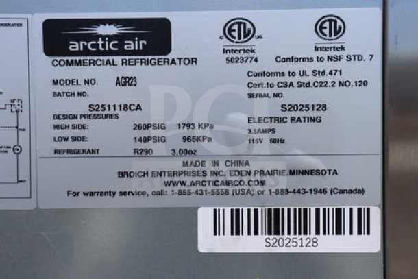 BRAND NEW! Arctic Air AGR23 27" Glass Door Refrigerator, 23 cu. ft., slight dent top left corner, 115V, Model S/N: S251118CA.