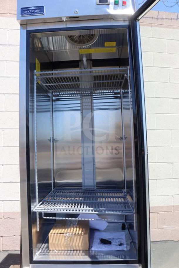 Arctic Air AGR23 27" glass door refrigerator, 23 cu. ft., brand new, top left corner dent, 115V, model AGR23, S/N: S251118CA.