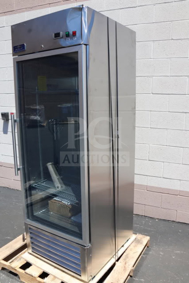 Arctic Air AGR23 glass door refrigerator, 23 cu. ft., 115V, minor dent top left. Model AGR23, S/N: S251118CA.