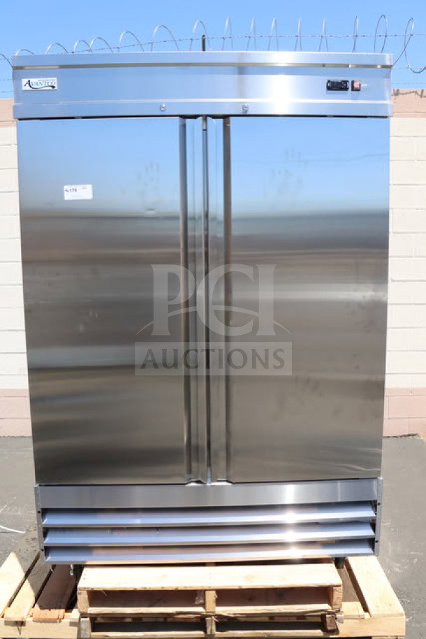 Brand new Avantco SS-2F-HC 54" stainless steel two-section reach-in freezer, features 2 self-closing doors and 6 shelves.