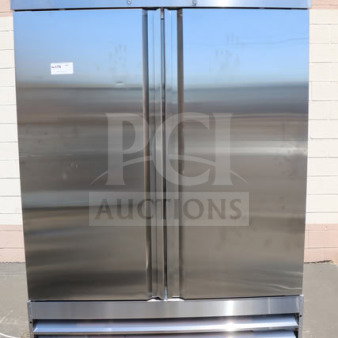 Brand new Avantco SS-2F-HC 54" stainless steel two-section reach-in freezer, features 2 self-closing doors and 6 shelves.