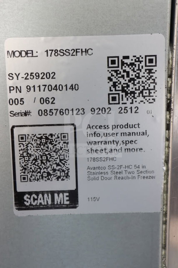 QR code and label on an Avantco SS-2F-HC 54" stainless steel two-section solid door reach-in freezer, model and serial details visible.