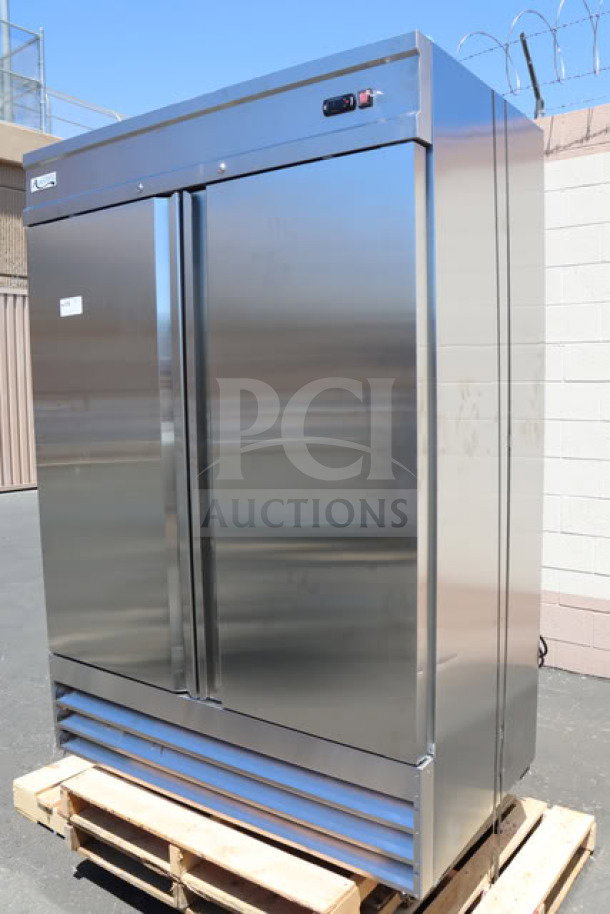 Brand new Avantco SS-2F-HC 54" stainless steel reach-in freezer with two solid doors, 6 shelves, and casters.