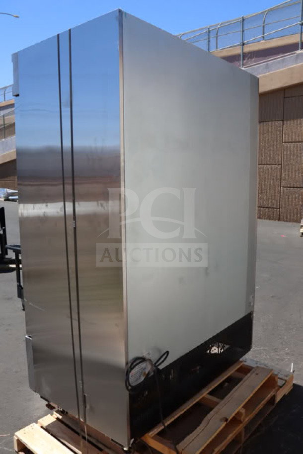 Brand new Avantco SS-2F-HC 54" stainless steel freezer, two solid doors, self-closing, with epoxy shelves.