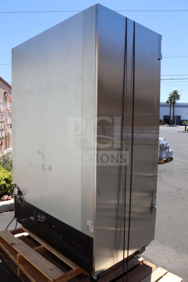 Brand new Avantco SS-2F-HC 54" stainless steel reach-in freezer, commercial casters, two solid doors, six shelves.