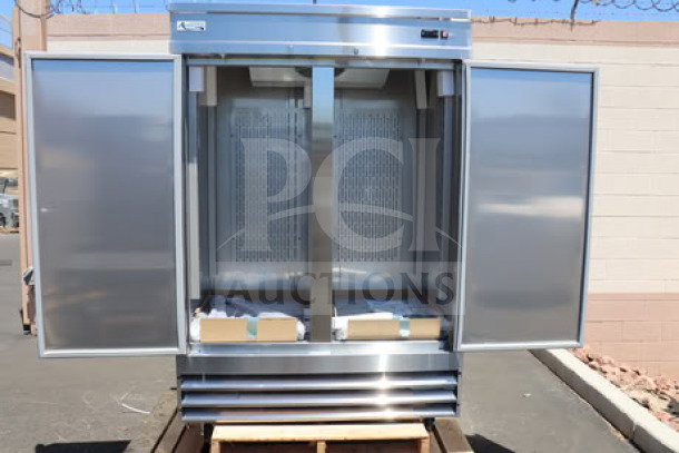 Avantco SS-2F-HC 54" stainless steel reach-in freezer, brand new, 2 doors open, 6 shelves, commercial casters visible.