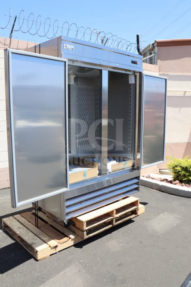 Brand new Avantco SS-2F-HC 54" stainless steel reach-in freezer with open doors, six shelves, and caster wheels.