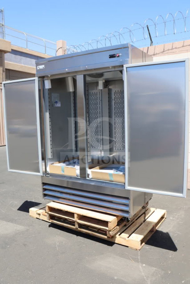 Brand new Avantco SS-2F-HC 54" stainless steel reach-in freezer with dual solid doors, stainless handles, and casters.