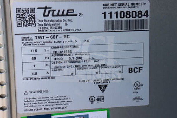 True TWT-60F-HC worktop freezer label with specifications and serial number 11108084.