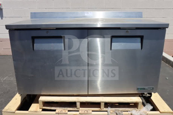True TWT-60F-HC worktop freezer with 3 9/16" backsplash, dual doors, stainless steel, model TWT-60F-HC, serial #11108084.