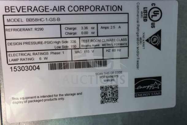 Beverage-Air BB58HC-1-GS-B refrigerator label showing specifications and serial number 15303004, 115V, 2.5A, 1 Phase, R290 refrigerant.