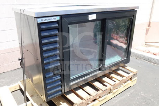 BRAND NEW Beverage-Air BB58HC-1-GS-B 59" black back bar refrigerator with sliding glass doors, top right dent, 115V.