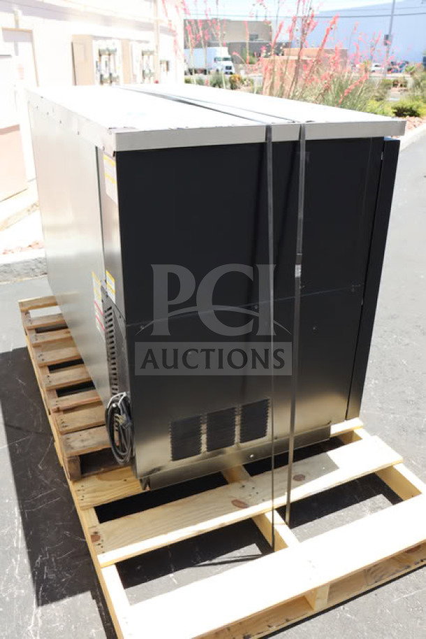 BRAND NEW Beverage-Air BB58HC-1-GS-B Back Bar Refrigerator, 59", black, sliding glass doors, minor dent on top right.