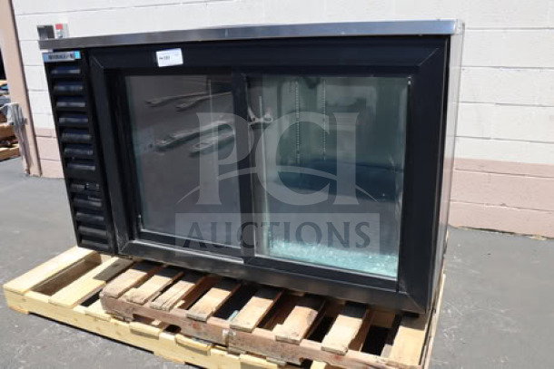 BRAND NEW Beverage-Air BB58HC-1-GS-B 59" black back bar refrigerator with sliding glass doors, dented on top right.