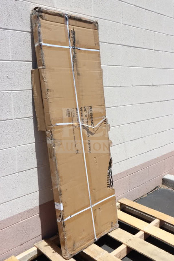 Regency 460EB2472 24" x 72" black epoxy wire shelf, new in box. Cardboard packaging labeled with model and brand details.