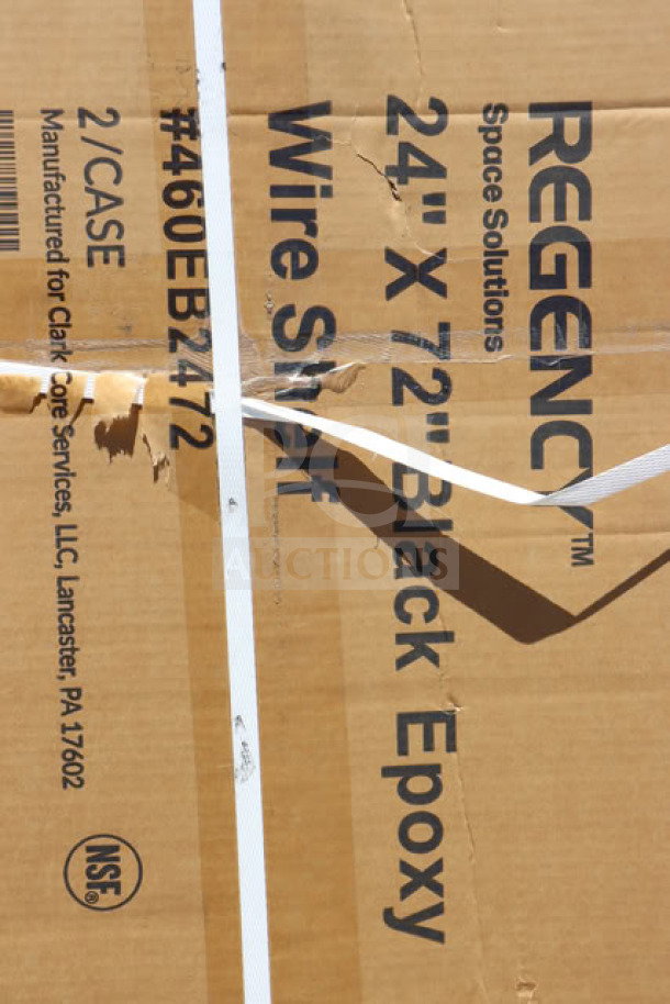 BRAND NEW_IN BOX! Regency 460EB2472 24" x 72" NSF Black Epoxy Wire Shelf packaging, showing label details.
