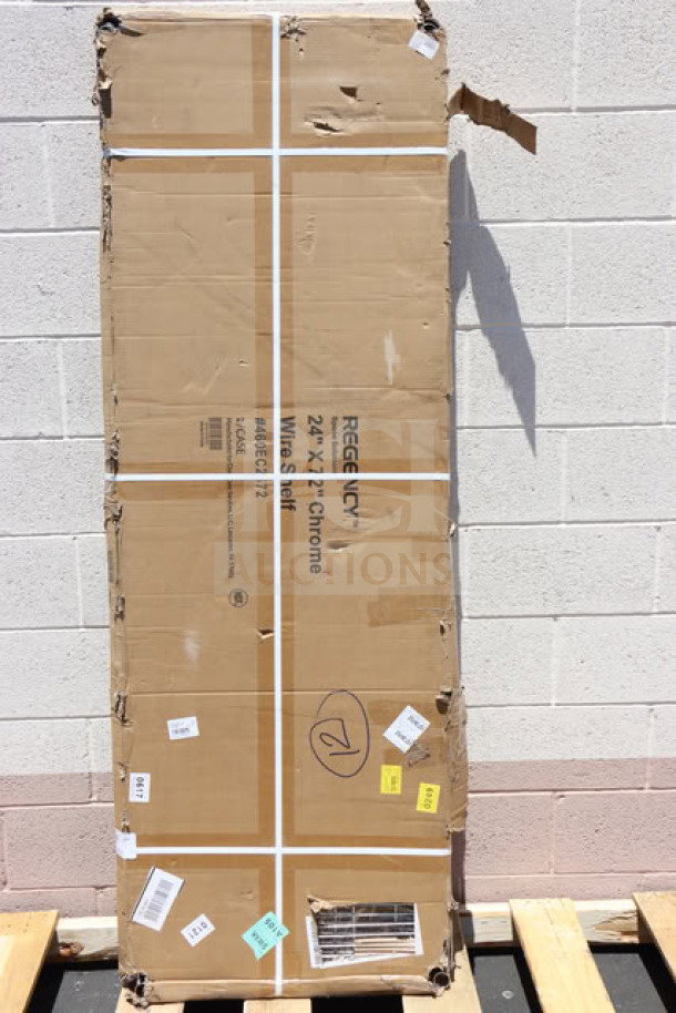 Brand new Regency 460EC2472 24"x72" NSF Chrome Wire Shelf, factory packaged. Model markings visible on the packaging.