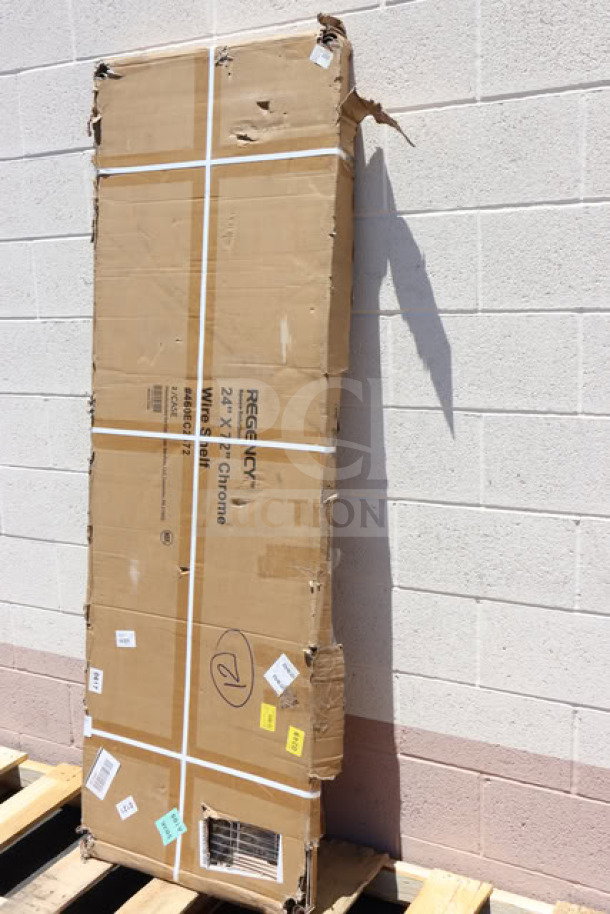 Brand new Regency 460EC2472 24" x 72" NSF Chrome Wire Shelf in factory packaging.