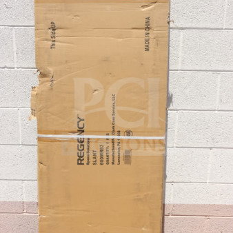 Brand new Regency 600WR63 63" wall-mounted slanted rack shelf in original packaging with visible markings.