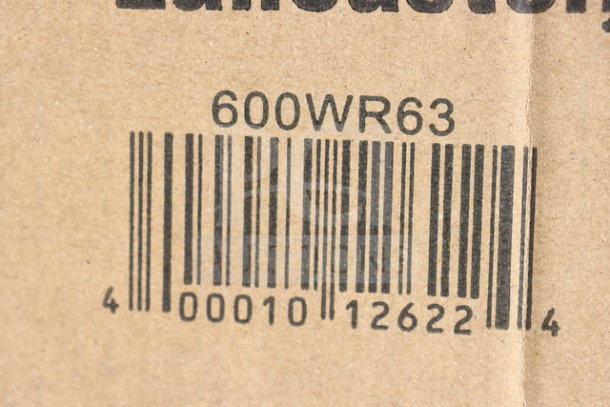 Barcode label for Regency 600WR63 wall-mounted slanted rack shelf, showing model number and barcode.