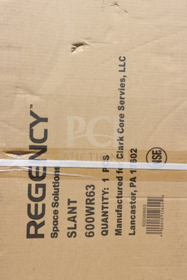 Brand new Regency 600WR63 wall-mounted slanted rack shelf in original packaging. Includes model and manufacturing details.