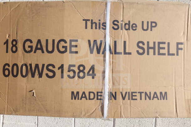 Regency 600WS1584 stainless steel wall shelf, 15"x84", new in damaged box. Made in Vietnam, 18 gauge steel.
