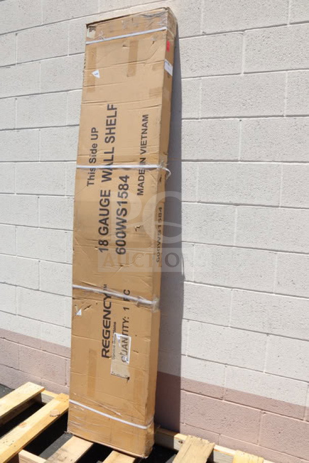 Regency 600WS1584 stainless steel wall shelf, new in box. Packaging damaged. 18 gauge steel, 15"x84".