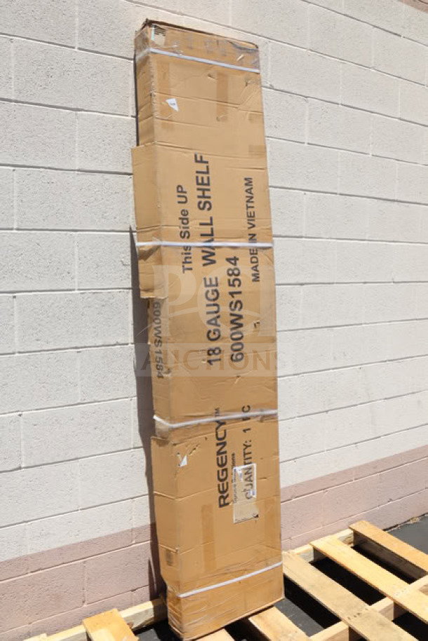 Regency 600WS1584 15" x 84" stainless steel wall shelf in original damaged packaging; new, 18-gauge, made in Vietnam.