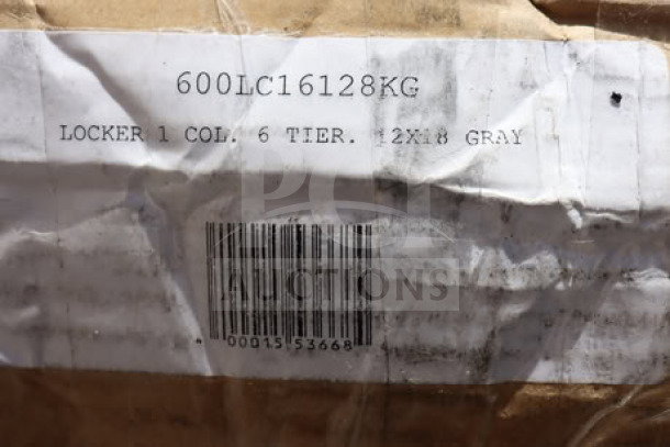 Regency Space Solutions locker label, model 600LC16128KG, showing 12"x18"x78" dimensions, 6-tier, gray, original packaging damaged.