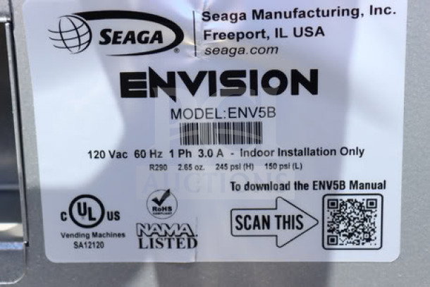 BRAND NEW Seaga ENV5B vending machine label, indicating model, voltage, phase, certifications, and QR code for manual.