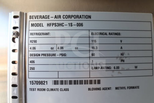 Beverage-Air Horizon Series 78" 3-door reach-in freezer label, Model HFPS3HC-1S-006, 115V, serial #15709821.