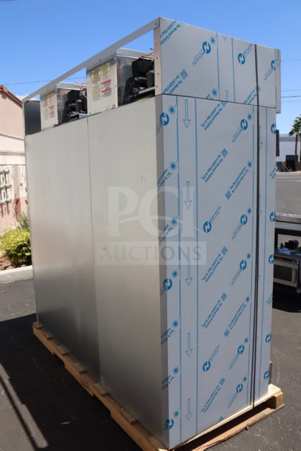 BRAND NEW Beverage-Air Horizon Series 78" 3 Door Reach-In Freezer, model HFPS3HC-1S-006. Minor dents on back and right side.