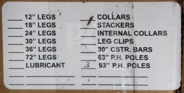 Label detailing components for SPC Retail SM967205P display, including legs, collars, and poles lengths.