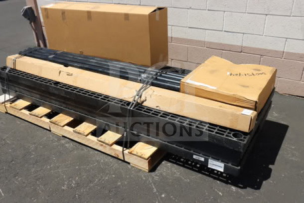 BRAND NEW SPC SM967205P Benchmaster 96"x63"x90" black plastic five-step pyramid display, out of packaging on pallet.