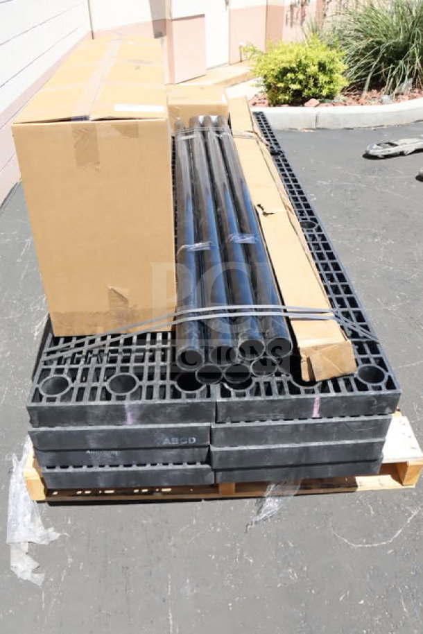 BRAND NEW SPC SM967205P black plastic five-step pyramid display with plant hanger, partially assembled on pallet, may be missing small parts.