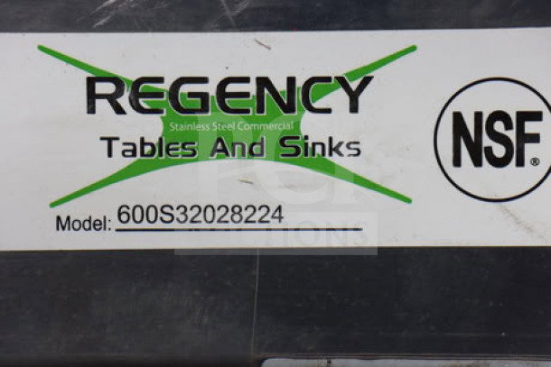 Regency Spec Line 600S32028224 label indicating brand and model on a stainless steel commercial sink.