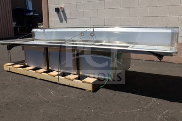 Regency Spec Line 600S32028224 112" three compartment sink, new, with minor scratches, two 24" drainboards, on pallet.
