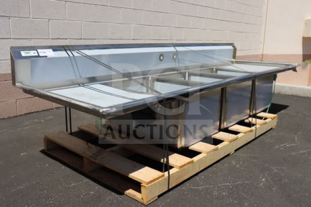 BRAND NEW Regency Spec Line 600S32028224 112" commercial sink, three compartments, two 24" drainboards, 20"x28"x14" bowls.