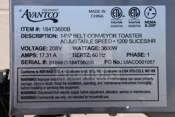 Avantco T3600B Conveyor Toaster label showing model, 3600W, 208V, 1200 slices/hr, serial number 5104925184T3600B.