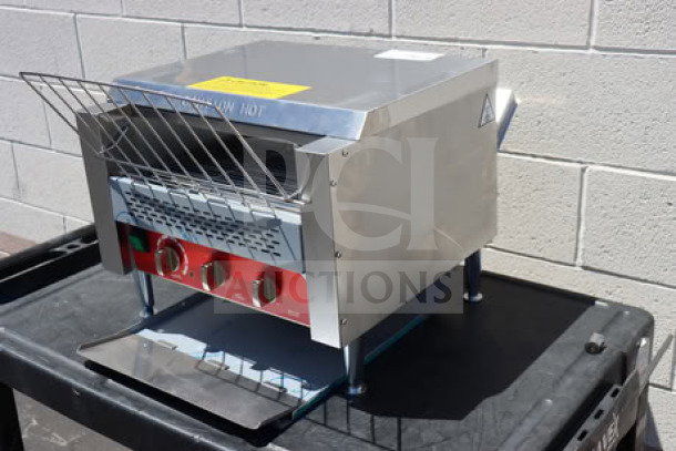 Brand new Avantco T3600B conveyor toaster, 14.5" wide, 3" opening, scratch-and-dent, stainless steel, 3600W, 1200 slices/hour.