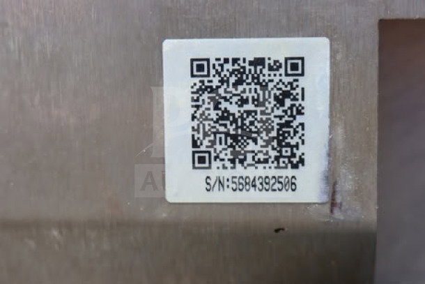 QR code label on Hatco TQ-800H Toast Qwik Conveyor Toaster, showing serial number 5684392506.