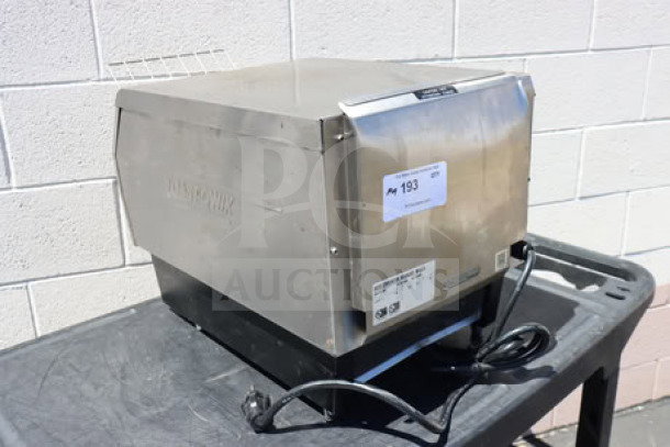 Hatco TQ-800H Toast Qwik Conveyor Toaster, 3" opening, 208V, used, S/N: 5684392506, shown on cart.
